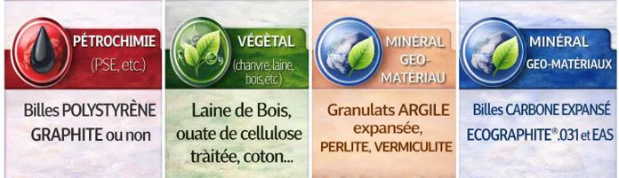 Les filières de matériaux isolants : pétrochimie (billes polystyrène graphite), végétal (laine de bois, ouate de cellulose), minéral géo-matériau (argile expansée, perlite, vermiculite) et carbone expansé minéralisé Ecographite 0.031 et EAS